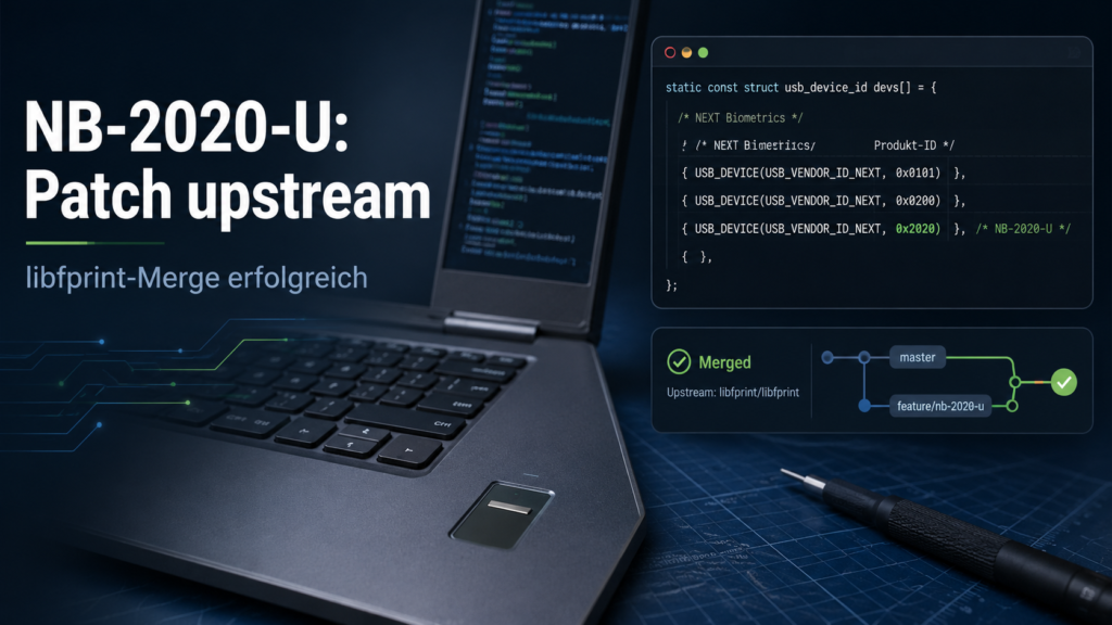 Beitragsbild zum NB-2020-U Fingerabdruckleser: Notebook mit Fingerabdrucksensor, libfprint-Codeausschnitt mit Product-ID 0x2020 und grünem Merge-Status für den upstream übernommenen Patch.