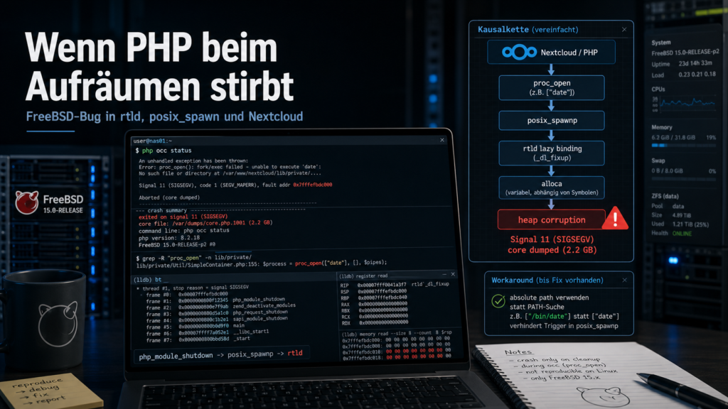 Beitragsbild zu einem FreeBSD-Bug: Laptop mit PHP- und lldb-Debug-Ausgaben, Signal-11-Core-Dump und Diagramm der Kausalkette von Nextcloud über proc_open und posix_spawnp bis zur rtld-Heap-Korruption.