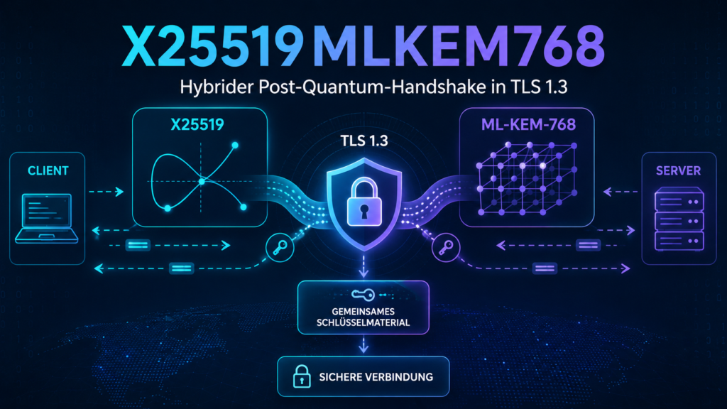 X25519 und ML-KEM-768 führen ihre Schlüsselanteile in einem hybriden TLS-1.3-Handshake zu gemeinsamem Schlüsselmaterial zusammen.