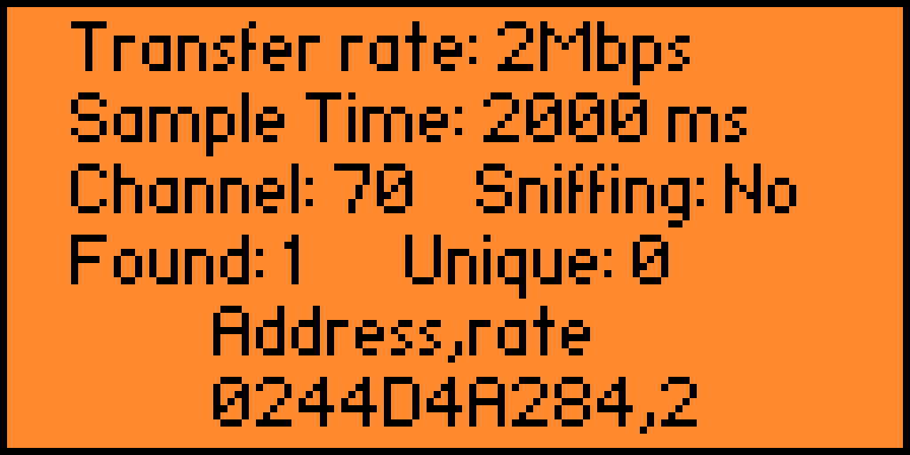 Bildschirm des Flipper-NRF24-Sniffers: eine gefundene Adresse auf einem 2,4-GHz-Kanal.