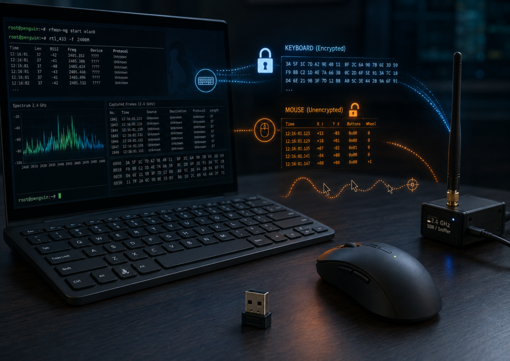 Funkmaus und Funktastatur neben einem Linux-Rechner mit 2,4-GHz-Funkanalyse. Die Tastaturverbindung ist verschlüsselt, die Maus überträgt unverschlüsselt.