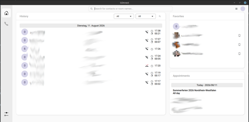Das Hauptfenster von GOnnect mit der Anrufliste auf der linken Seite, den Favoriten rechts oben und den Terminen aus der Nextcloud rechts unten.