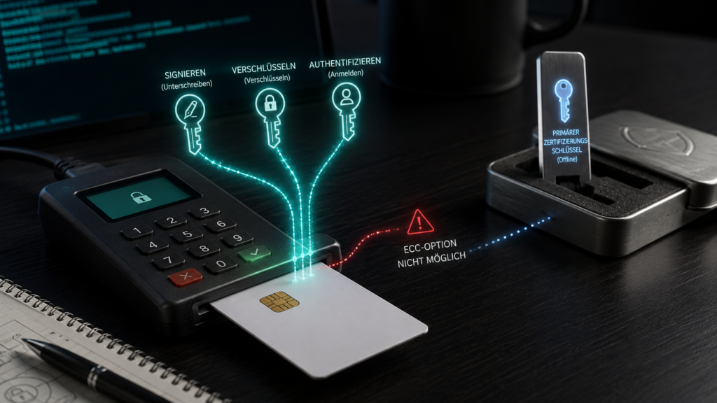OpenPGP-Smartcard mit drei hardwaregebundenen Unterschlüsseln für Signatur, Verschlüsselung und Authentifizierung; der Primärschlüssel bleibt separat offline gespeichert.