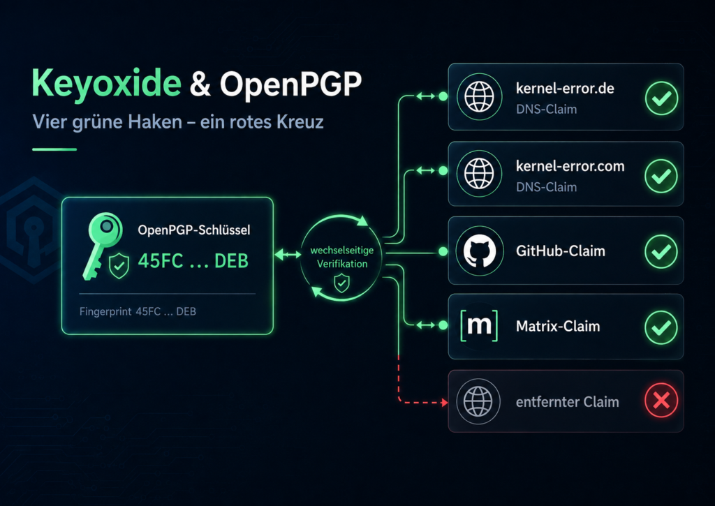 OpenPGP-Schlüssel mit Keyoxide-Identity-Claims für kernel-error.de, kernel-error.com, GitHub und Matrix, vier verifizierte Claims und ein entfernter Claim