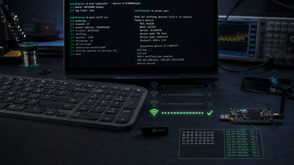 Logitech MX Keys mit Unifying-Empfänger und nRF52840-Dongle beim Mitschneiden einer Funk-Kopplung mit LOGITacker