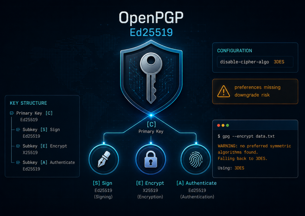 OpenPGP-Schlüssel mit Ed25519-Hauptschlüssel, drei Unterschlüsseln und Warnung vor fehlenden Algorithmus-Präferenzen durch eine fehlerhafte 3DES-Härtung.
