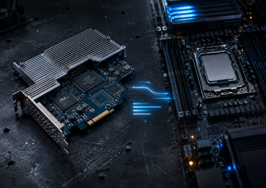 Intel-QuickAssist-8950-SCCP-Krypto-Beschleuniger neben einer modernen Server-CPU im technischen Leistungsvergleich.