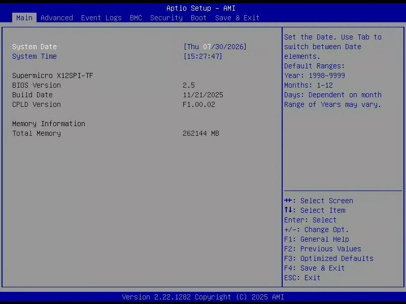 Aptio Setup, Reiter Main, mit Systemdatum und Systemzeit