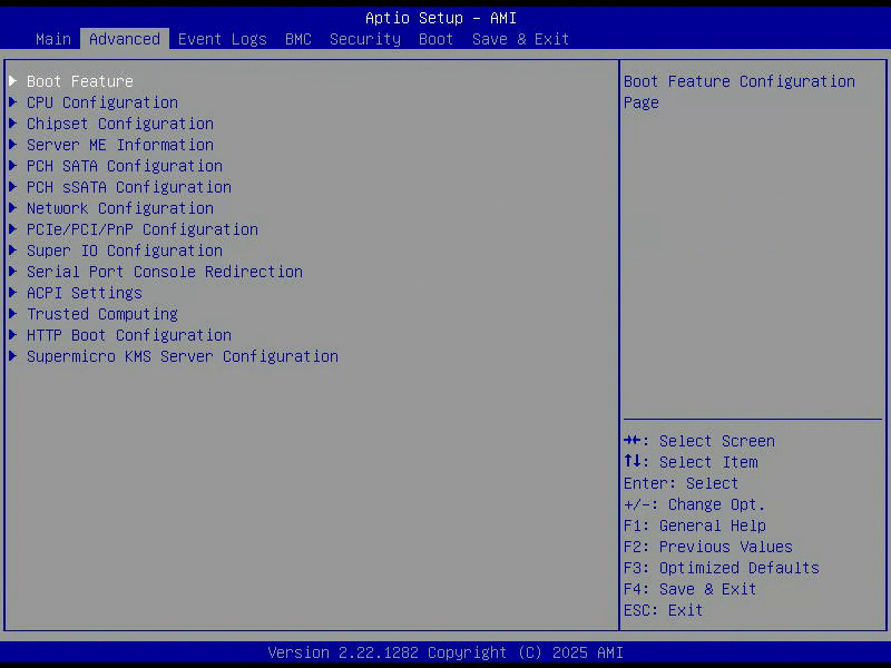 Aptio Setup, Reiter Advanced, mit der Liste der Untermenüs von Boot Feature bis Supermicro KMS Server Configuration