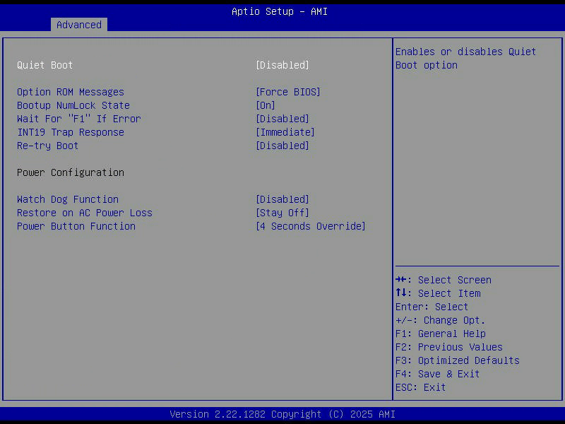 Aptio Setup, Seite Boot Feature, mit Quiet Boot, Wait for F1, INT19 Trap Response, Watchdog und Restore on AC Power Loss