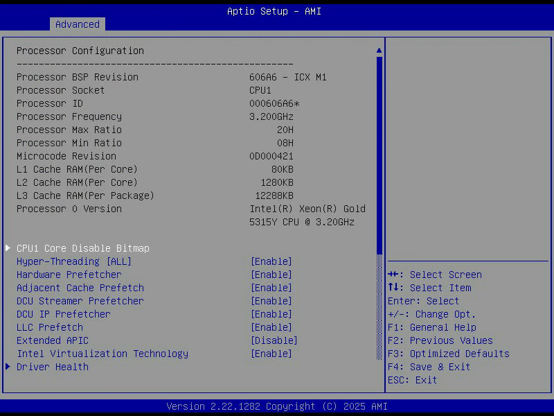 Aptio Setup, Processor Configuration, mit Prozessorsignatur, Takt, Mikrocode-Stand und den Cache-Grössen