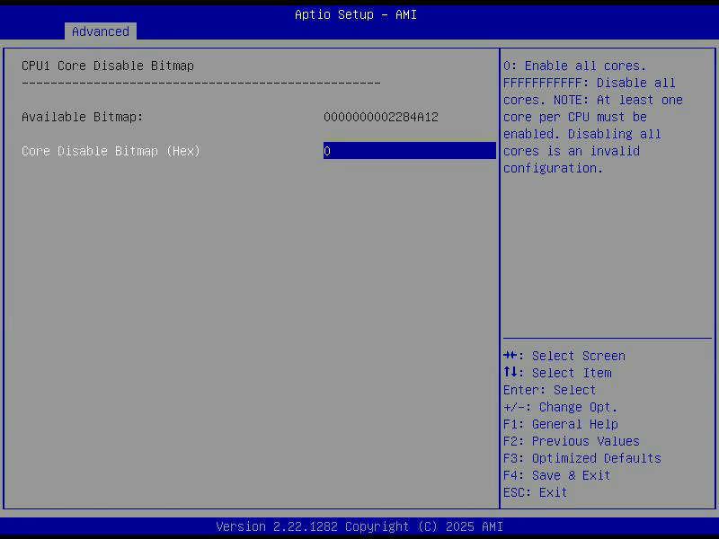 Aptio Setup, CPU1 Core Disable Bitmap, mit dem Hinweis dass mindestens ein Kern aktiv bleiben muss
