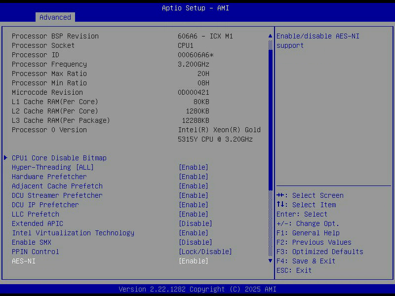 Aptio Setup, CPU Configuration, mit Hyper-Threading, den fünf Prefetchern und AES-NI