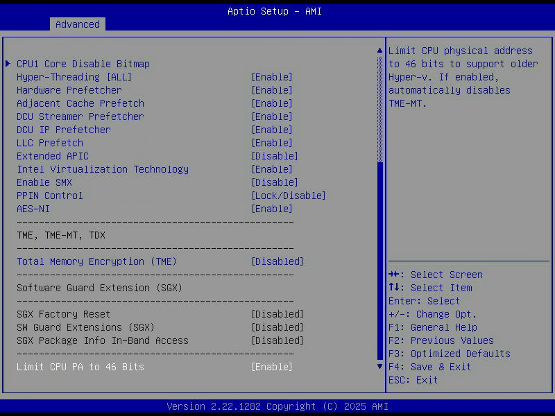 Aptio Setup, untere Hälfte der CPU Configuration, mit TME, SGX, PPIN Control und Extended APIC