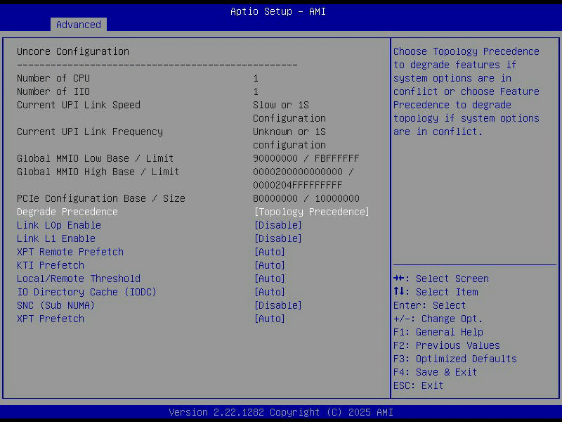 Aptio Setup, Uncore Configuration, mit Anzahl der Prozessoren, UPI-Status und den MMIO-Adressbereichen