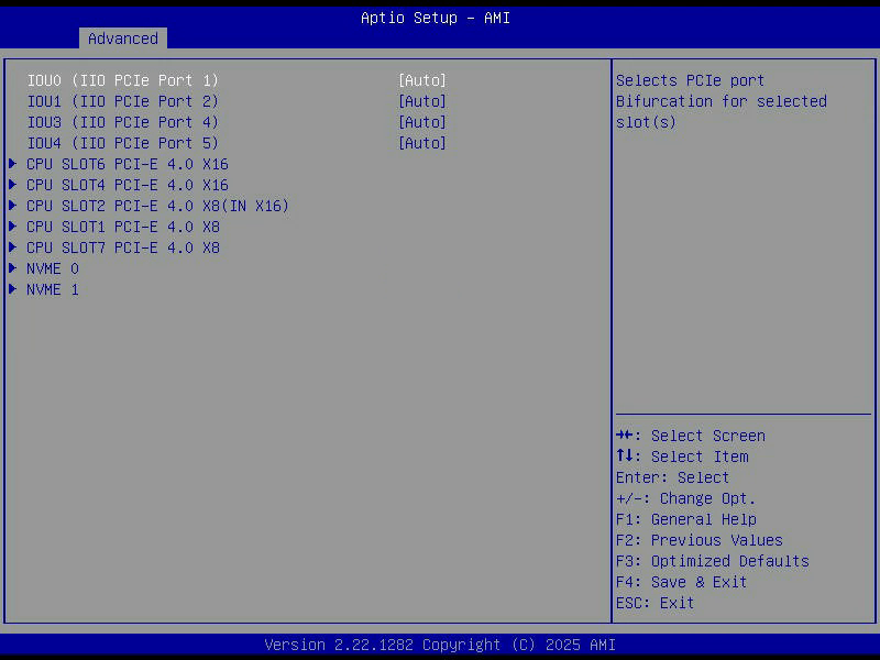 Aptio Setup, CPU1 Configuration, mit der Bifurcation der vier IOU und der Liste aller PCIe-Steckplätze
