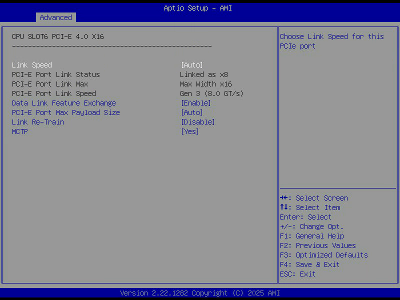 Aptio Setup, Untermenü CPU SLOT6, die Netzwerkkarte mit Linked as x8