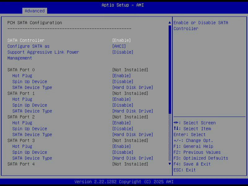 Aptio Setup, PCH SATA Configuration, AHCI-Modus und acht Anschlüsse, alle als Not Installed gemeldet