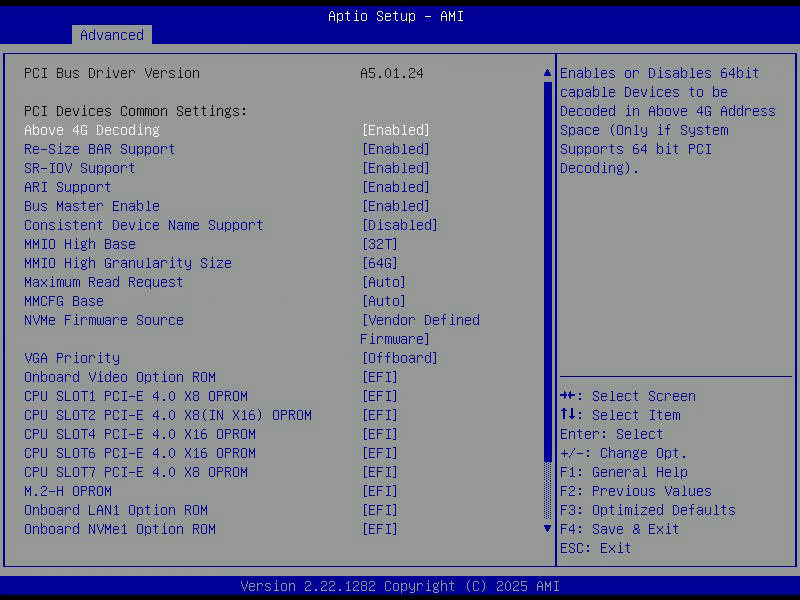 Aptio Setup, PCIe PCI PnP Configuration, mit Above 4G Decoding, Resizable BAR, SR-IOV und ARI