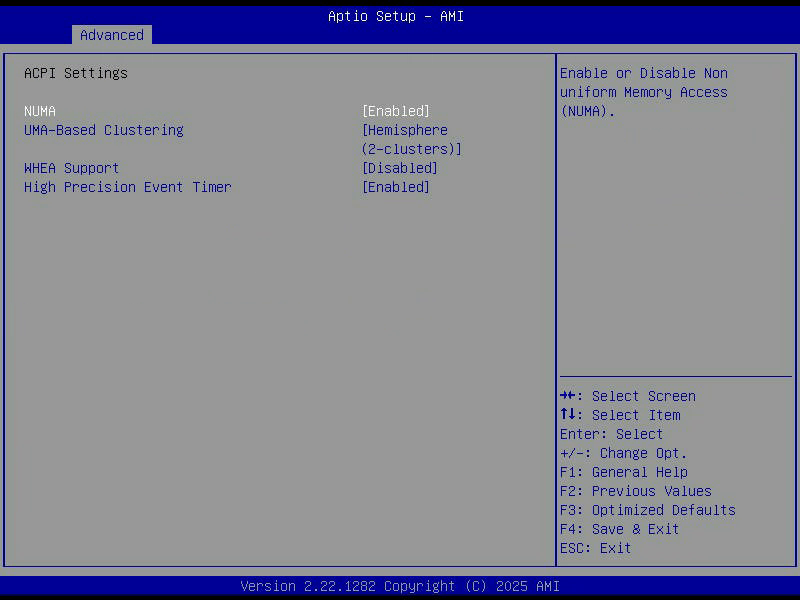 Aptio Setup, ACPI Settings, mit NUMA, UMA-Based Clustering im Hemisphere-Modus und WHEA Support auf Disabled