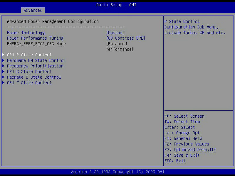 Aptio Setup, Advanced Power Management Configuration, mit Power Technology auf Custom und sechs Untermenüs