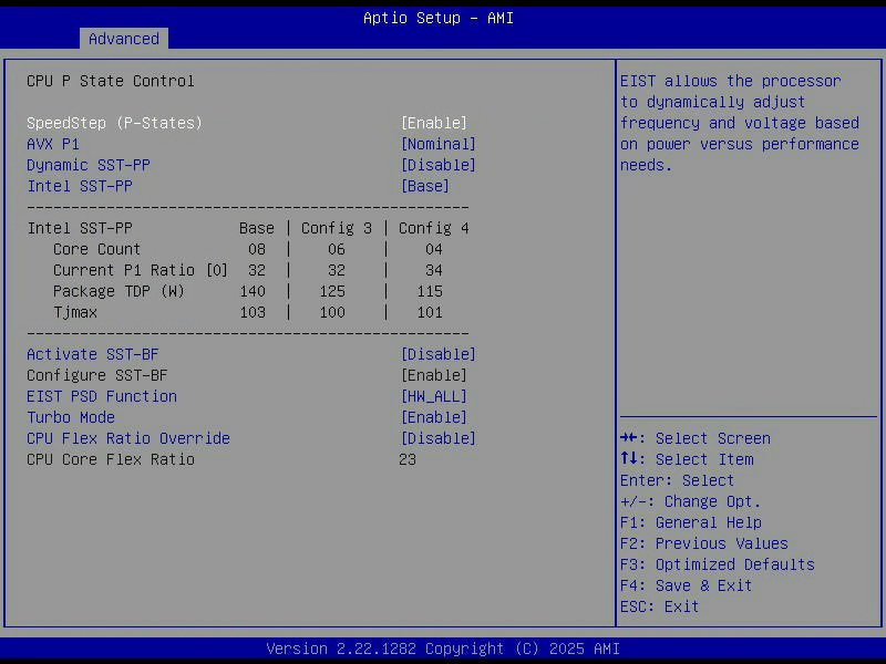 Aptio Setup, CPU P State Control, mit SpeedStep, Turbo Mode und der Tabelle der Speed-Select-Profile