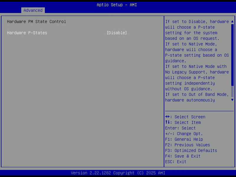 Aptio Setup, Hardware PM State Control, Hardware P-States steht auf Disable