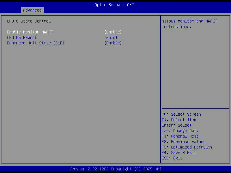 Aptio Setup, CPU C State Control, mit Monitor MWAIT, C6 Report und Enhanced Halt State