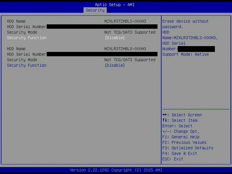 Aptio Setup, HDD Security, zwei Laufwerke mit geschwärzten Seriennummern und dem Vermerk Not TCG oder SAT3 Supported