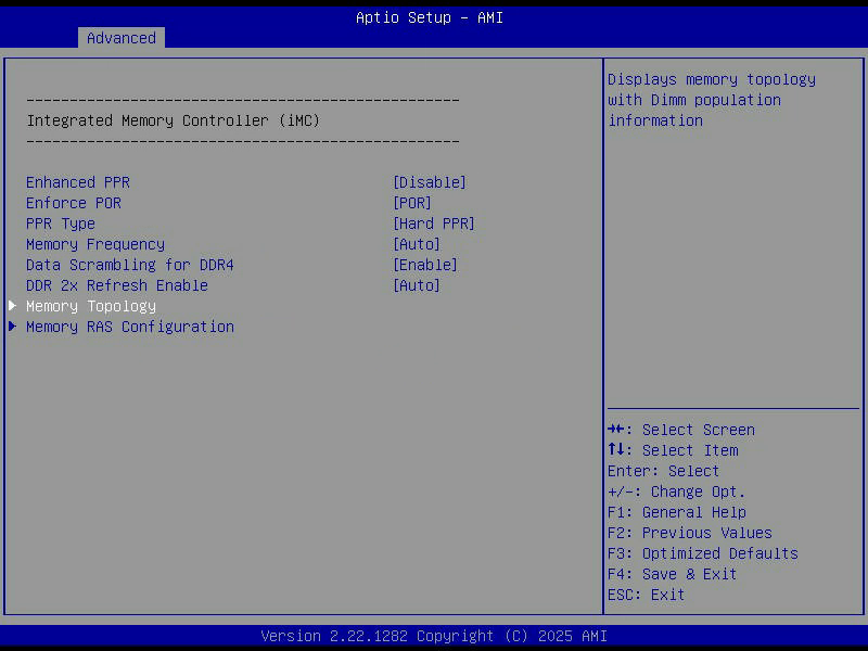 Aptio Setup, Memory Configuration, mit Enhanced PPR, PPR Type, Speichertakt und den Untermenüs für Topologie und RAS