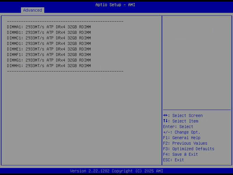 Aptio Setup, Memory Topology, alle acht Module mit 2933 Megatransfers und 32 Gigabyte als Registered DIMM
