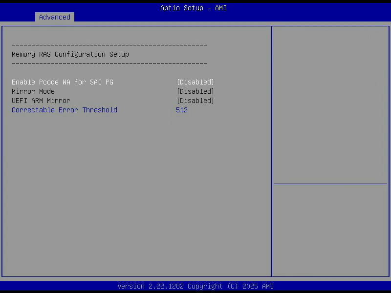Aptio Setup, Memory RAS Configuration, mit Mirror Mode auf Disabled und der Schwelle für korrigierbare Fehler