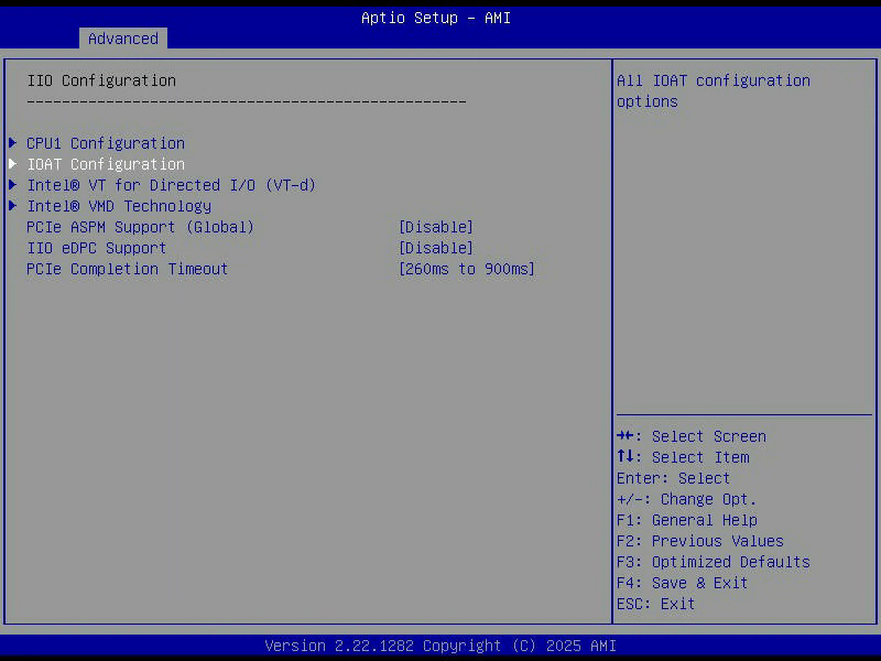 Aptio Setup, IIO Configuration, mit PCIe ASPM Support, IIO eDPC Support und PCIe Completion Timeout