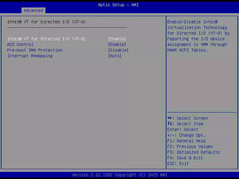 Aptio Setup, Intel VT for Directed I O, mit ACS Control, Pre-boot DMA Protection und Interrupt Remapping