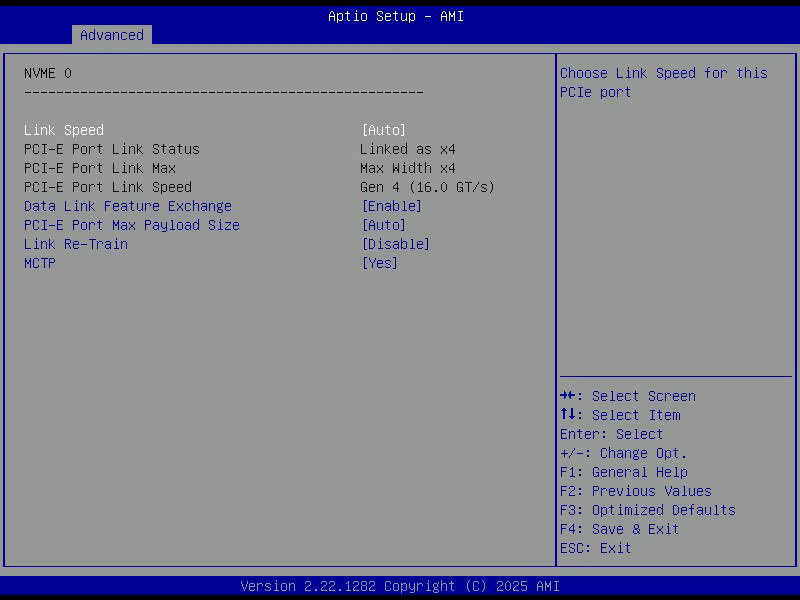 Aptio Setup, Untermenü NVME 0, das Laufwerk meldet Linked as x4 mit PCIe der vierten Generation