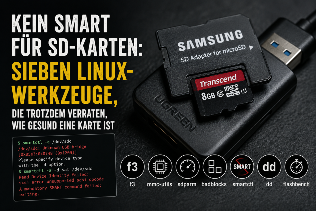 Transcend-8-GB-microSD-Karte im SD-Adapter und USB-Kartenleser neben Linux-Werkzeugen zur Prüfung von Kapazität, Datenintegrität und Schreibleistung ohne SMART.