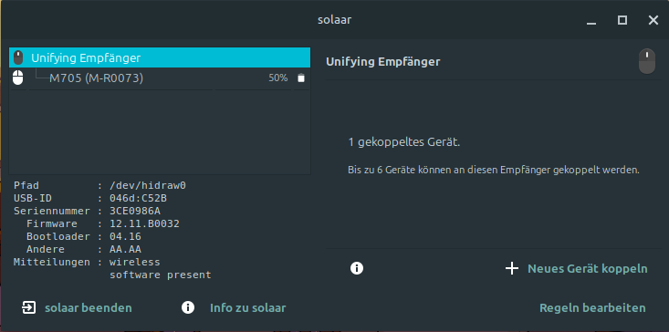 Solaar-Empfängeransicht der Maus: USB-ID 046d:C52B, Seriennummer 3CE0986A, Firmware 12.11.B0032, ein gekoppeltes Gerät.