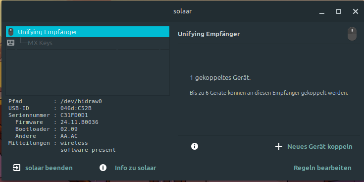 Solaar-Empfängeransicht der Tastatur: USB-ID 046d:C52B, Firmware 24.11.B0036, MX Keys gekoppelt.