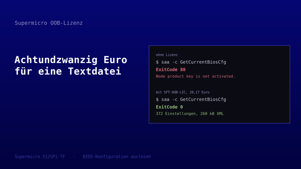 Zwei Terminalausgaben untereinander: ohne Lizenz bricht das Kommando saa mit ExitCode 80 ab, mit der OOB-Lizenz erzeugt dasselbe Kommando eine XML-Datei mit 372 Einstellungen.