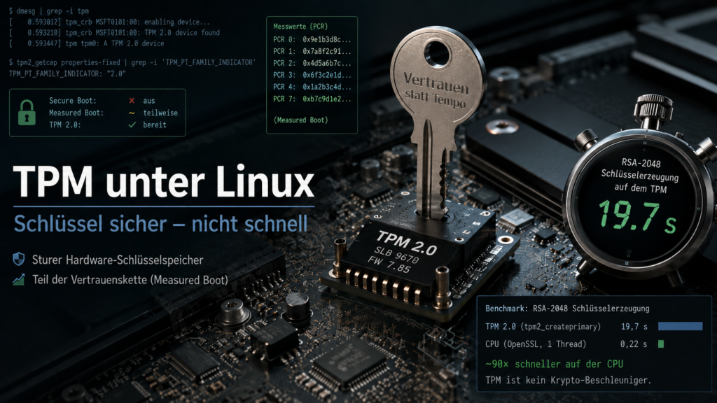 TPM-2.0-Chip auf einem Mainboard mit Schlüssel und Stoppuhr, unter Linux als sicherer Hardware-Schlüsselspeicher und für Measured Boot genutzt, aber deutlich langsamer als die CPU bei der RSA-Schlüsselerzeugung.