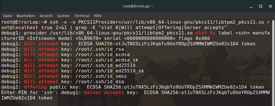 Ausgabe von ssh -v: OpenSSH nennt manufacturerID Infineon und model SLB9670, der Schlüssel steht als token in der Kandidatenliste neben Dateipfaden unter /root/.ssh