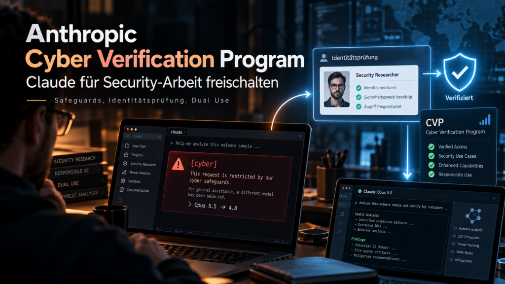 Anthropic Cyber Verification Program mit gesperrter Claude-Security-Anfrage, Identitätsprüfung und anschließend freigeschaltetem Zugriff für Security-Research.