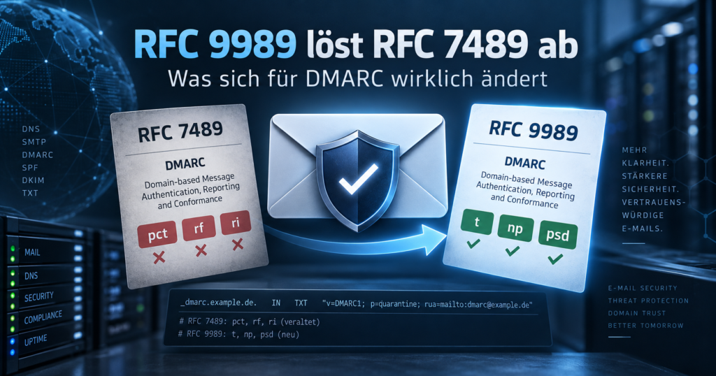 Beitragsbild zu RFC 9989 und DMARC, Vergleich mit RFC 7489, neuen DMARC-Tags und E-Mail-Sicherheitsdarstellung