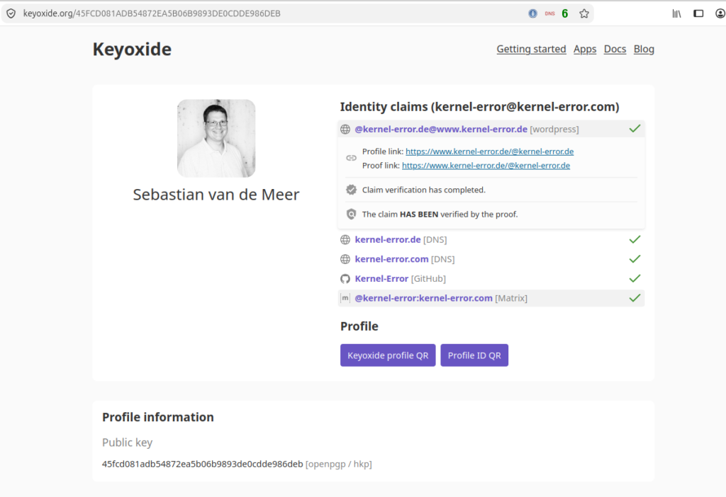 Aufgeklappter Fediverse-Claim auf Keyoxide mit Profil-Link, Proof-Link und dem Hinweis, dass die Prüfung abgeschlossen ist und der Claim durch den Beweis bestätigt wurde.