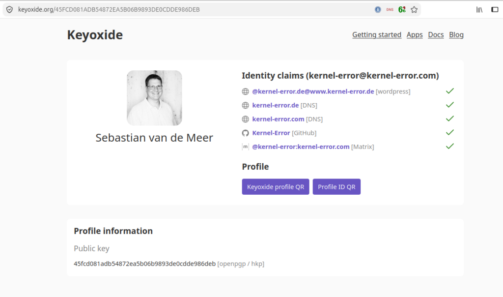 Keyoxide-Profil mit fünf grünen Identity Claims, darunter der Fediverse-Actor @kernel-error.de@www.kernel-error.de mit dem Vermerk [wordpress].