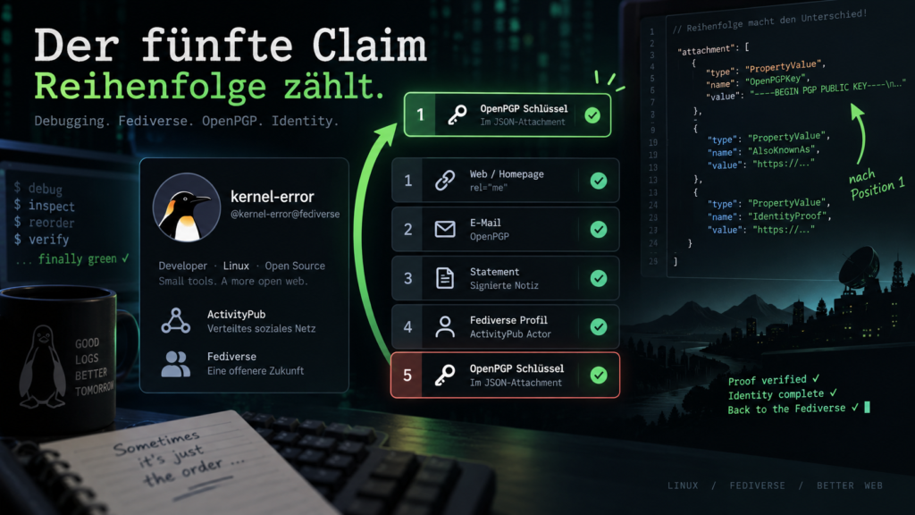 Technische Illustration zum Keyoxide-Claim: Ein OpenPGP-Beweis wird im ActivityPub-JSON von Position fünf auf Position eins verschoben und anschließend erfolgreich verifiziert.
