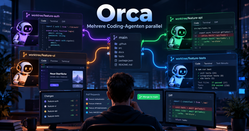 Illustration von Orca als Agent Development Environment: Vier KI-Coding-Agenten arbeiten parallel in getrennten Git-Worktrees an Code, Benutzeroberfläche, API und Tests. Ein Entwickler überprüft die Änderungen und führt sie zusammen.